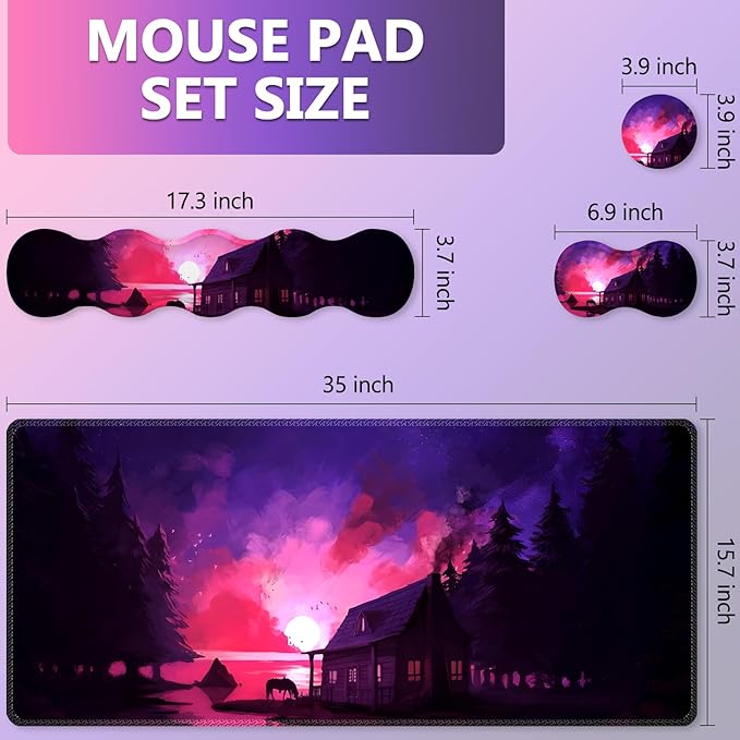 AIMSA Large Mouse Pad and Keyboard Wrist Rest Set Ergonomic Wrist pad for Keyboard and Mouse Mat 4 in 1 Mousepad with Wrist Support Computer Mat Village Evening Glow