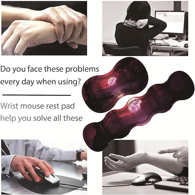 Large Gaming Table Pad 31.5 x 11.8 + Keyboard Wrist Pad + Mouse Wrist Pad + Coaster Non-Slip Base 4-in-1 Set Ergonomic Memory Foam Easy Typing Pain Relief Eerie Pink Purple Moon River