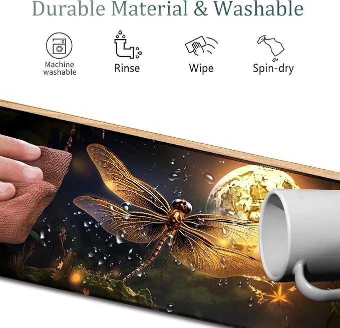 4 in 1 Mouse Pad Combo Large Gaming Mouse Pad + Keyboard Wrist Support + Mouse Wrist Rest + Coaster Table Pad 31.5 x 11.8 with Memory Foam Ergonomic Wrist Pad Set Dragonfly Under The Moon