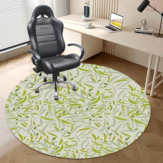 Olive Avocado Green PU Leather Desk Chair Mat for Hard Floors Green Leaf Watercolor Style Computer Chair Matfor Rolling ChairLarge Floor ProtectorEasy Clean Romantic Nature Diameter 59 in