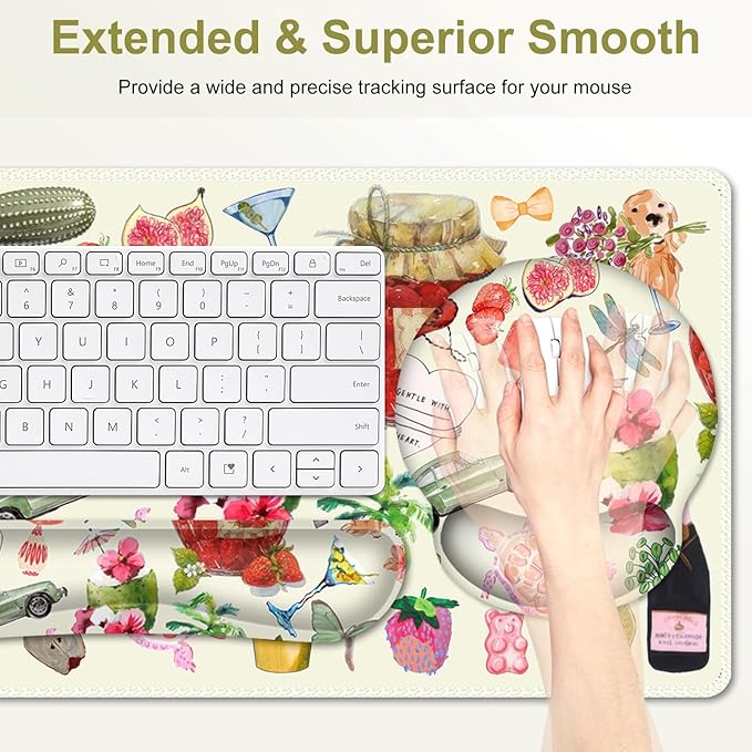 Mouse Pad 4 in1 Large Desk Mat Desk Pad Matt for Desktop Anti-Slip XXL Big Computer Ergonomic Mousepad with Wrist Support for Keyboard and Mouse for Women I Watercolor Stickers