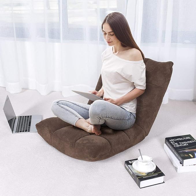 Floor Chair Lounger Folding Gaming Sofa Chaise Lounge with 14 Adjustable Position Steel Frame Sponge Padded Sleeper Bed Couch Recliner (Brown)
