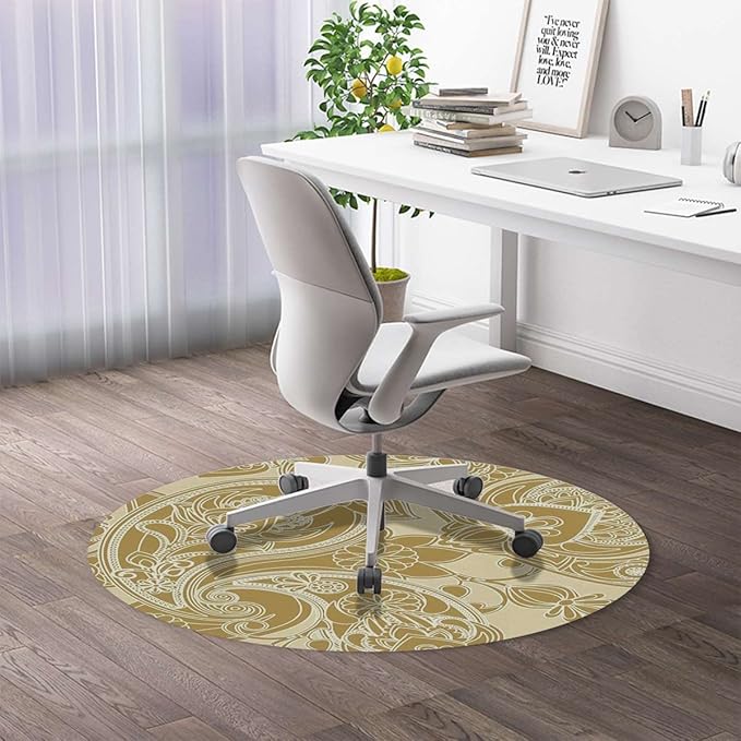 Caramel Yellow PU Leather Chair Mat for Hardwood &amp Tile Floor Antique Mild Ombre Shade Gothic Victorian Desk Chair Mat Large Anti-Slip Floor Protector for Home Office Damask Diameter 35.4 in