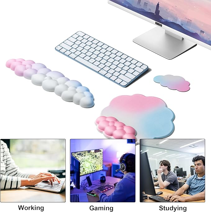OUEST Cloud Wrist Rest Keyboard and Mouse Pad with Cute Ergonomic Memory Foam Non-Slip PU Base for Computer Mac Laptop Office Gaming-Orange/Blue/Pink