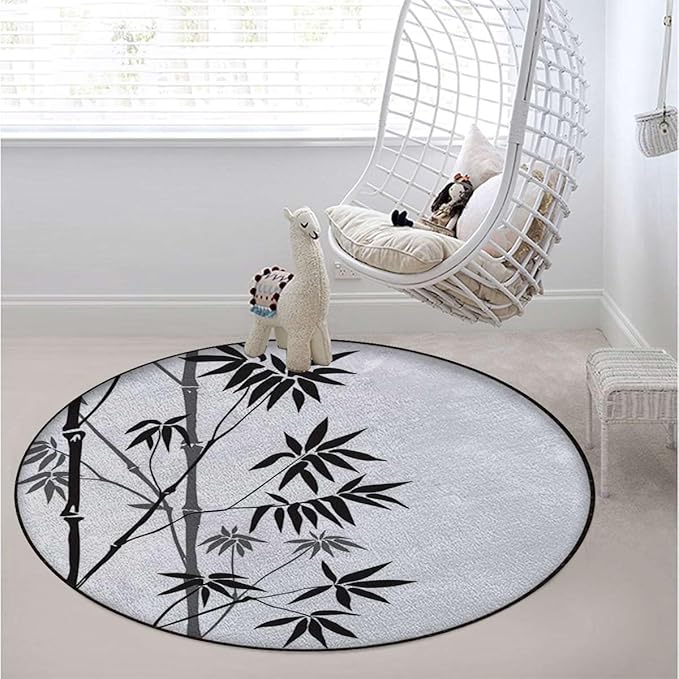 Black White Chair Mat Office Protector for Hardwood Floors Anti-Slip Floor Protection Mat Multi-Purpose Chair Carpet for Desk Bamboo Leaves on Clear Simple Background Diameter 55 in