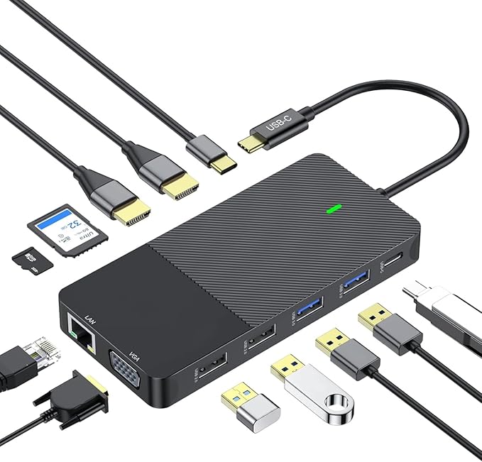 12-in-1 USB C Docking Station with Dual 4K HDMI VGA Gigabit Ethernet 100W PD Charging 4 USB Ports SD/TF Card Reader for MacBook/Windows/Laptop