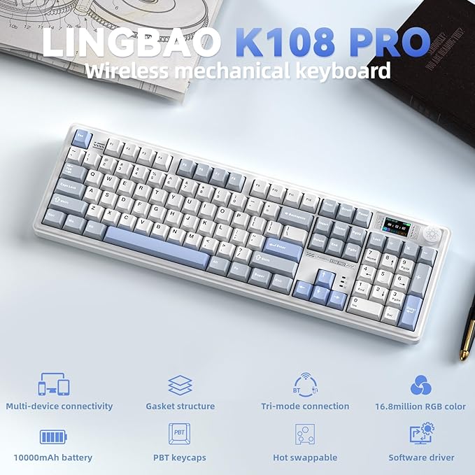 LINGBAO K108 Pro Wireless Mechanical Keyboard with Screen &amp Knob Full Size Creamy Keyboard with Number Pad 10000mAh Battery PBT Keycaps RGB Backlit Hot-swappable Gaming Keyboards