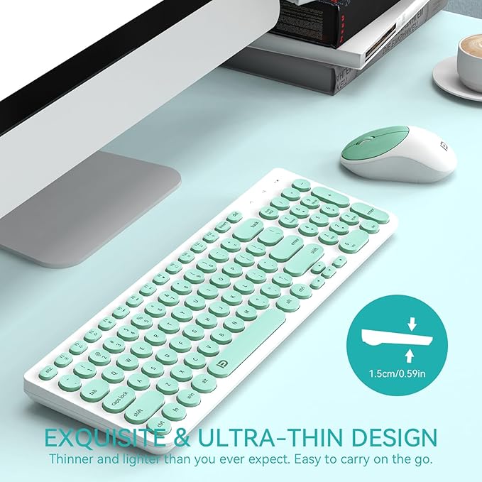 FD Wireless Keyboard and Mouse Combo - 2.4GHz USB Cordless Cute Round Keys Quiet and Slim Set for Laptop Computer TV and Mac - Mint Green &amp White