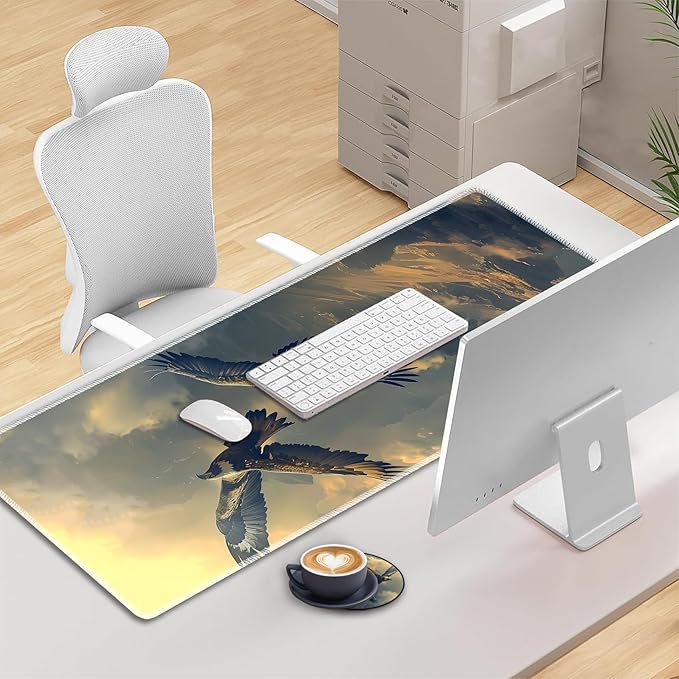3-in-1 Large Mouse Pad Gaming Set (31.5 x 11.8 inch)+ Wrist Rest Pad + Coaster Memory Foam Gel Wrist Rest Pad for Pain Relief Stitched Edges Non-Slip Table Mat Flying Eagle