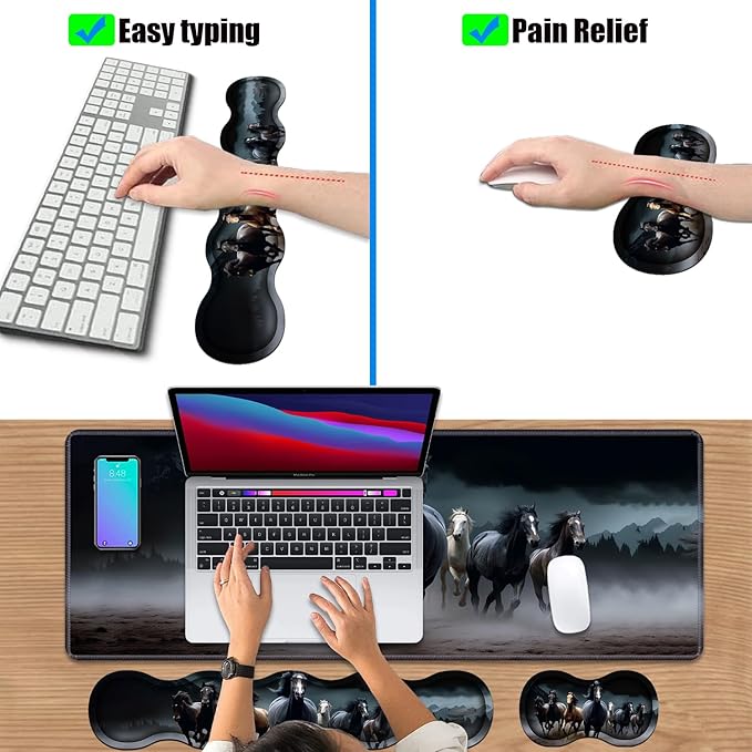 4 in 1 Ergonomic Keyboard Wrist Rest &amp Mouse Pad Wrist Rest Set Large XXL Gaming Desk Mat 31.5x 11.8 with Non-Slip Base Memory Foam for Home Office Study Gaming Running Horses