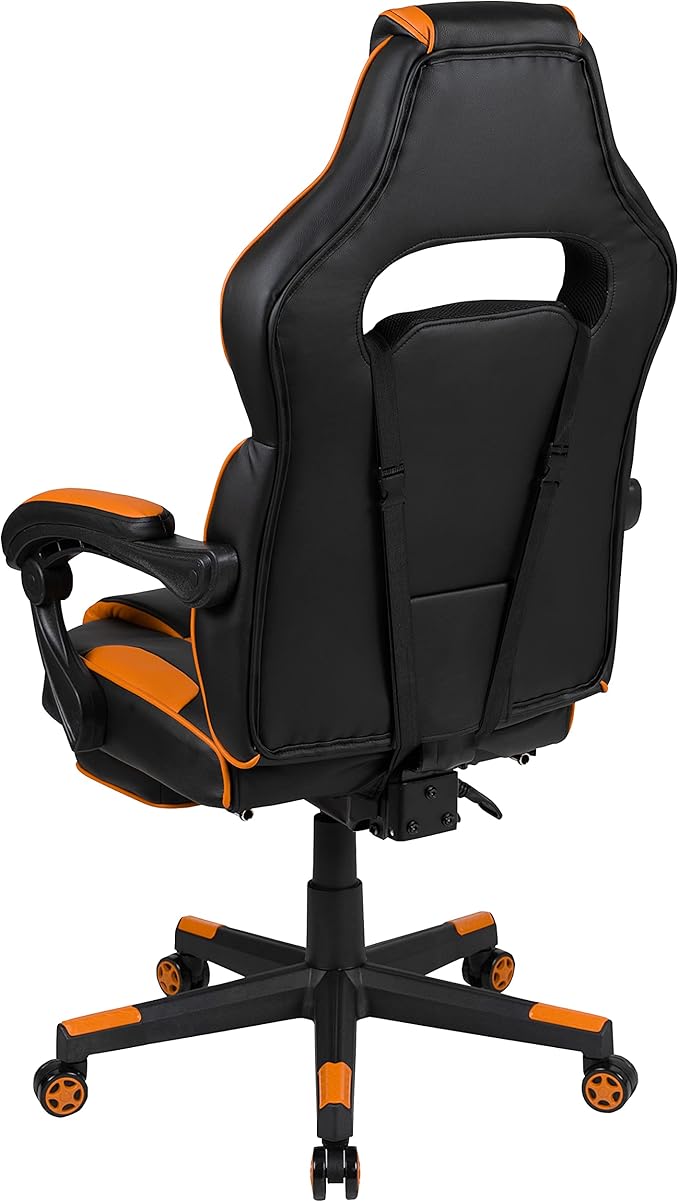 EMMA + OLIVER Black/Orange Ergonomic Gaming Chair -Recline Back/Arms Footrest Massaging Lumbar