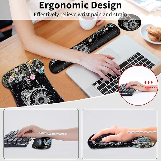 Keyboard Wrist Rest and Mouse Pad with Wrist Support Ergonomic Gel Mouse Pad for Easy Typing Pain Relief Memory Foam Keyboard Wrist RestSun Moon Wildflowers Butterfly Starry Sky Black Mousepads