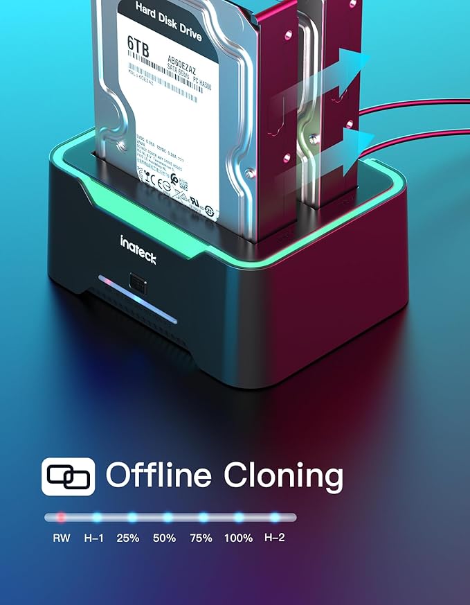 Inateck RGB SATA to USB 3.0 Hard Drive Docking Station with Offline Clone for 2.5 and 3.5 Inch SATA HDD and SSD Supports UASP SA02004 Black