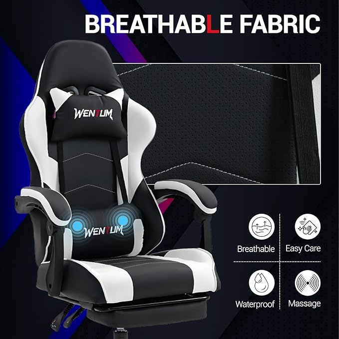 Ernogomic Gaming Chair with Massage PU Leather Computer Home Office Chair w/Footrest &amp Lumbar Support Video Game Chair for Adults Kids Men Women White
