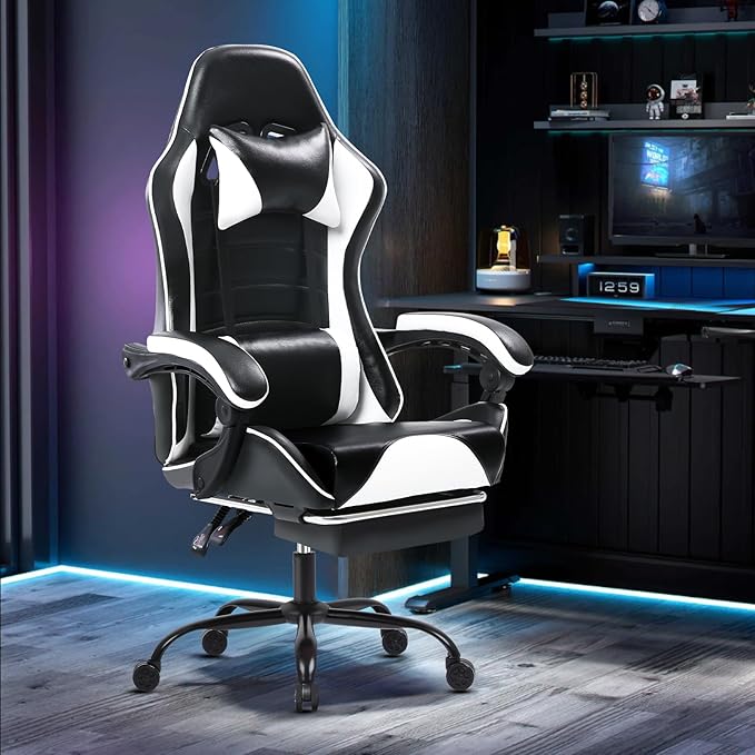 Gaming Chair Computer Chair with Footrest and Lumbar Support Ergonomic Video Game Chair with Headrest and 360°-Swivel Seat Height Adjustable Gamer Chair Office Desk Chair (White)