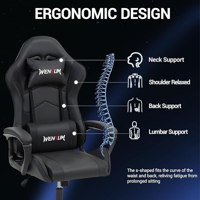 Ergonomic Massage Gaming Chair — High-Back Reclining Office Chair with Lumbar Support for Adults Height Adjustable PU Leather Black
