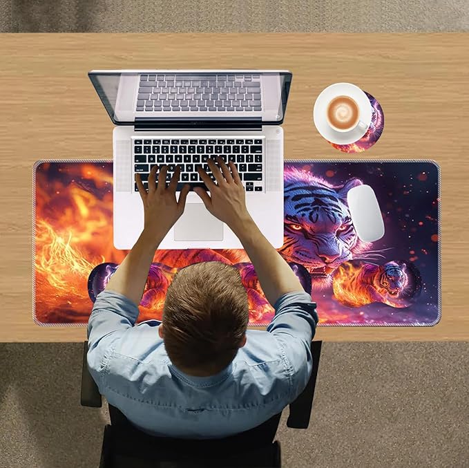 Large Mouse Pad Wrist Support SetDesk Pad+Keyboard Wrist Rest+Mouse Pad Wrist Support+Coaster4in1 XXL Big MousepadErgonomic Design Gaming Mat for Home Office TableTiger