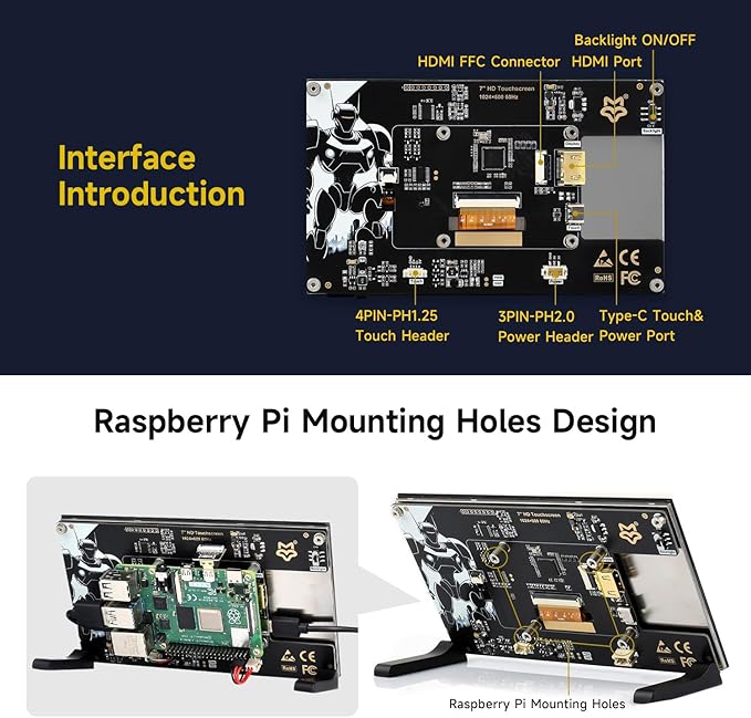 Generic LUCKFOX Touchscreen7 inch HDMI 1024x600 Portable Monitor Compatible with Raspberry Pi 5/4/4B/3/3B/Zero 2 W/All Pi VersionPlug &amp Play LCD IPS Display with Stand Black