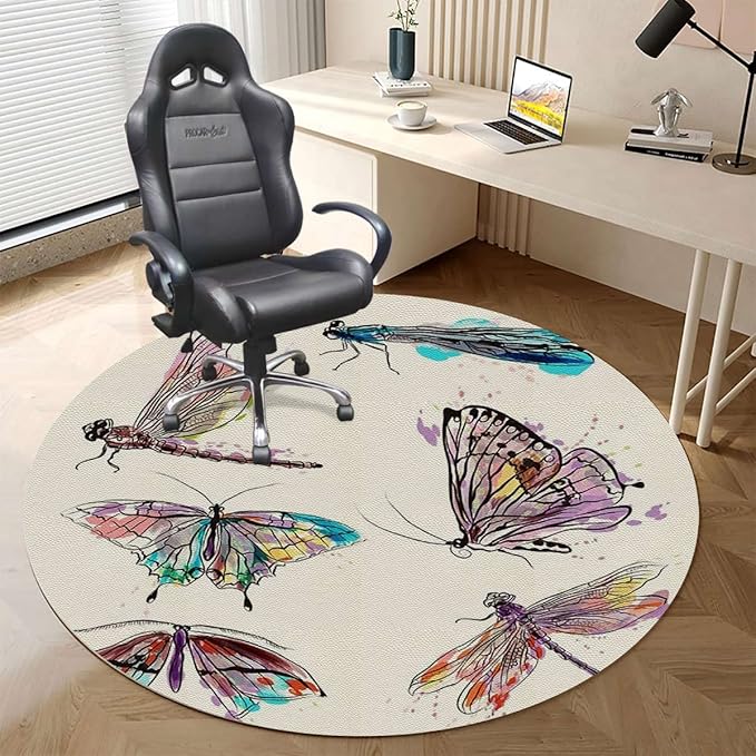 Purple Green PU Leather Gaming Chair Mat Under Computer Desk Watercolor Butterfly Romantic Round Office Chair Mats Home Rolling Gaming Chair Mat Magical Naturey Diameter 39.4 in
