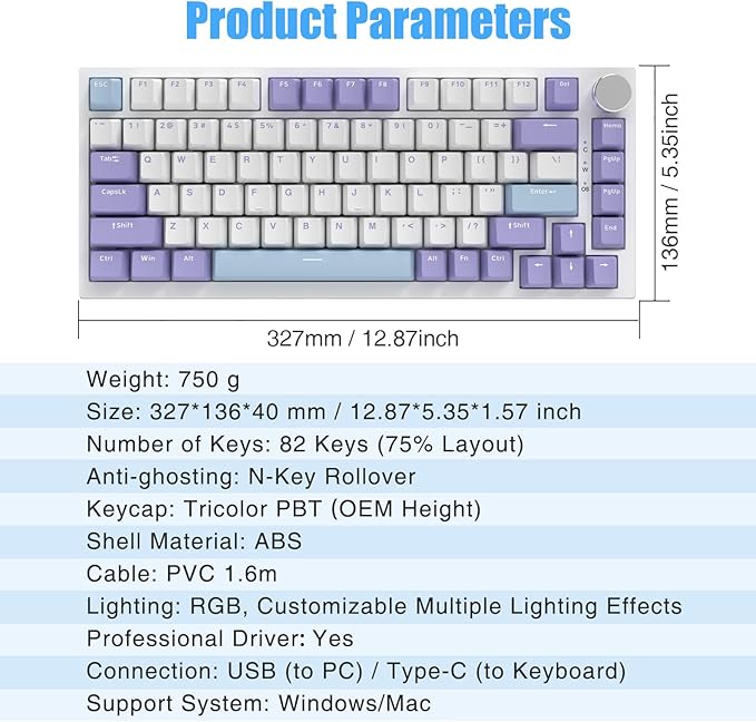 AJAZZ AK820 75% Wired RGB Gasket Mechanical Keyboard with Volume Knob Compact 82 Keys Hot-Swap Keyboard OME Profile PBT Keycap Detachable Type-C Cable (Purple&ampBlue)