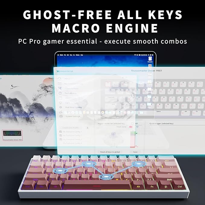 Mini 60% Mechanical Gaming Keyboard Wired YK61 Hall Effect Magnetic Switch Adjustable Actuation Rapid Trigger Mode 8K Hz Polling Rate Hot-Swap 61 Keys RGB Backlit Side Printed PBT Keycaps