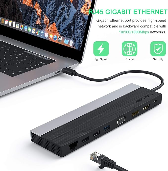 WAVLINK USB C Docking StationTriple Display Type C Adapter for MacBook ProDell XPS 13/15HPLenovo Yoga(HDMIDisplayPortVGAEthernet2 USB 3.0/2.0SD/TF Card Reader3.5mm Audio100W PD3.0)