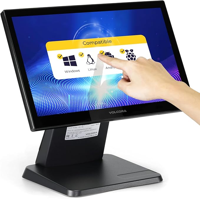 Volcora 15.6 Black LED Touch Screen Monitor with Metal Stand - Backlit 1366 * 768 with VGA HDMI Connection for Small Business Restaurant Office - No Driver Required (Not Compatible with macOS/iOS)