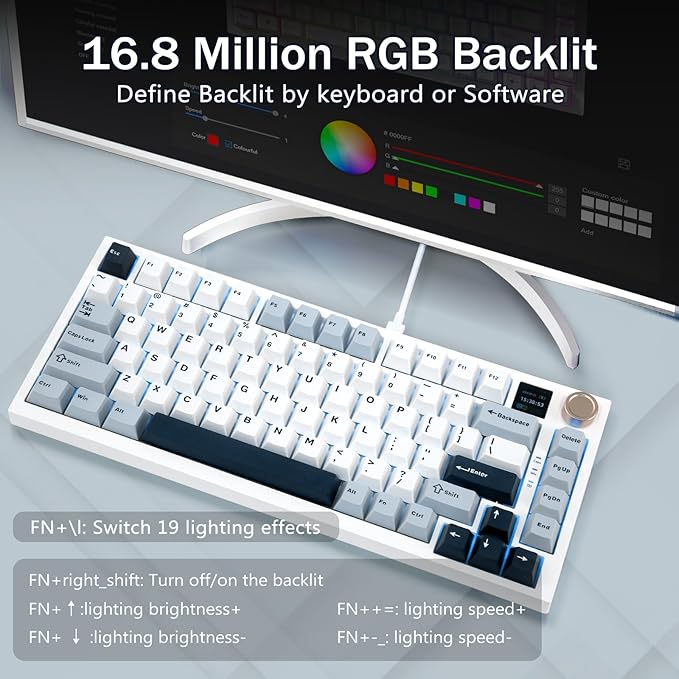 75% Wireless Mechanical Gaming Keyboard Creamy Sound Hot Swappable Pre-lubed Linear Switches Gasket Structure Multimedia Display RGB Backlit 2.4GHz/USB/BT5.0 Custom Keyboard for Win/Mac