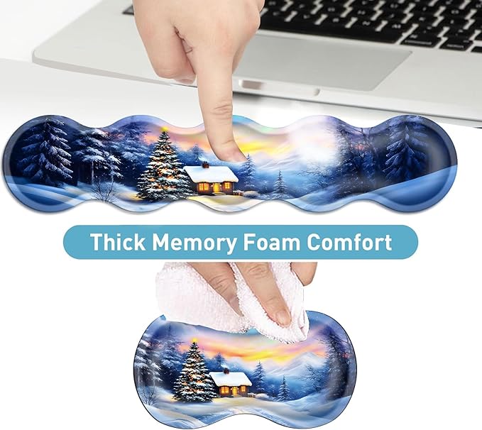 Keyboard Mouse Pad Set Extended Gaming Mouse Pad+Ergonomics Keyboard Wrist Rest Support Memory Foam Easy Typing Pain Relief 4Pcs XL Ultra Thick Desk MatChristmas Snowy Mountain
