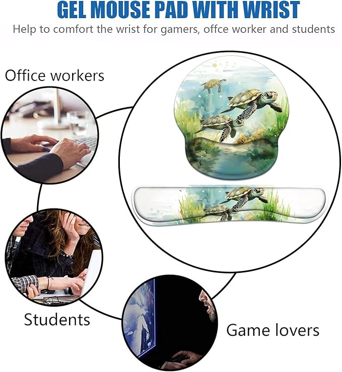 Keyboard Wrist Rest and Mouse Pad Wrist Support Set with Coasters Non-Slip PU Base Ergonomic Gaming Mousepad for Home Office Working Studying Easy Typing &amp Pain Relief - Sea Turtle
