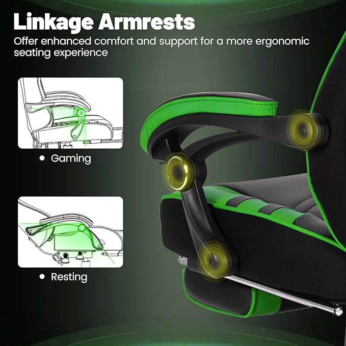 Goplus Gaming Chair Computer Chair with Footrest and Lumbar Support Height Adjustable Executive Swivel Rolling Task Chair with 90°-155° Tilt Function (Green)