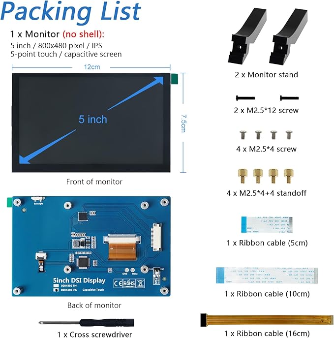 FREENOVE 5 Inch Touchscreen Monitor for Raspberry Pi 5 4 B 3 B+ A+ 800x480 Pixel IPS Display 5-Point Touch Capacitive Screen Driver-Free MIPI DSI Port