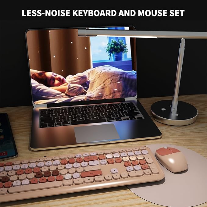 Wireless Keyboard and Mouse Combo Colorful Ergonomic Full Size Retro Low-Noise Keyboard with Cute keycaps Compatible with Windows PC Perfer for Home and Office Keyboards (Brown)