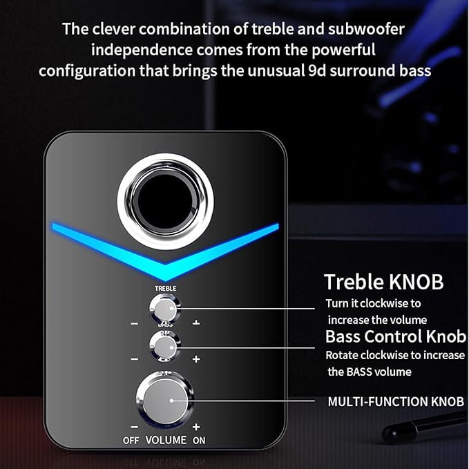 ASHATA Bluetooth Computer SpeakersCompact Computer Speaker with SubwooferDesktop Multimedia Speaker Deep Bass 2.1 Channelwith Blue Ambient Lightfor Wedding Party(Black)