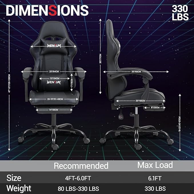 Gaming Chair with Footrest for Adults - PU Leather Massage Racing Video Game Chair w/Lumbar Support for Men Women Ernogomic Computer Game Chair for Home Office Height Adjustable Black