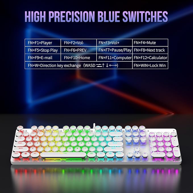 Typewriter Mechanical Gaming Keyboard with RGB Backlit Red Switches 104 Keys Retro Round Keycap Wired Typewriter Style Comfortable Typing Soud (White RGB)