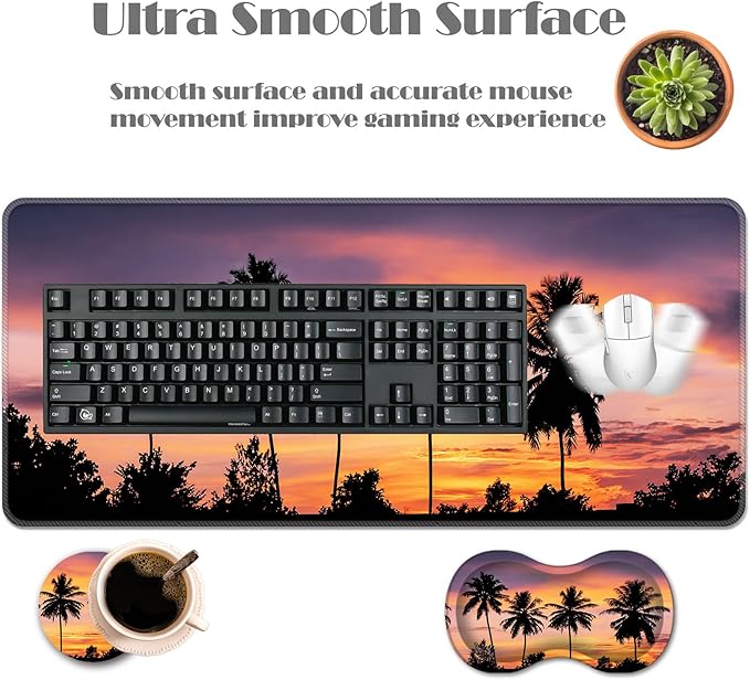 Ergonomic Keyboard Wrist Rest &amp Mouse Pad Wrist Rest SetXL Gaming Desk Mat 31.5x 11.8Non-Slip BaseMemory FoamEasy Typing Pain Relief for Office &amp HomeTropical Sunset with Palm