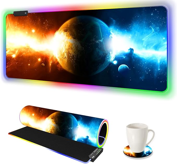 ARTSO RGB Gaming Mouse Pad Large Extended LED Mouse Mat XXL 35.4x15.7 inch 14 Lighting Modes 2 Brightness Non-Slip Rubber Base Mousepad Waterproof Keyboard MatUniverse Space Starry Sky