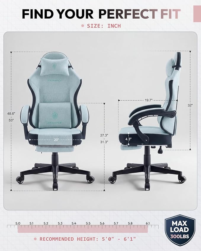 Dowinx Gaming Chair Fabric Gaming Chairs for Adults with Pocket Spring Cushions and Lumbar Support Ergonomic Massage Computer Chair with Footrest for Big and Tall Aqua