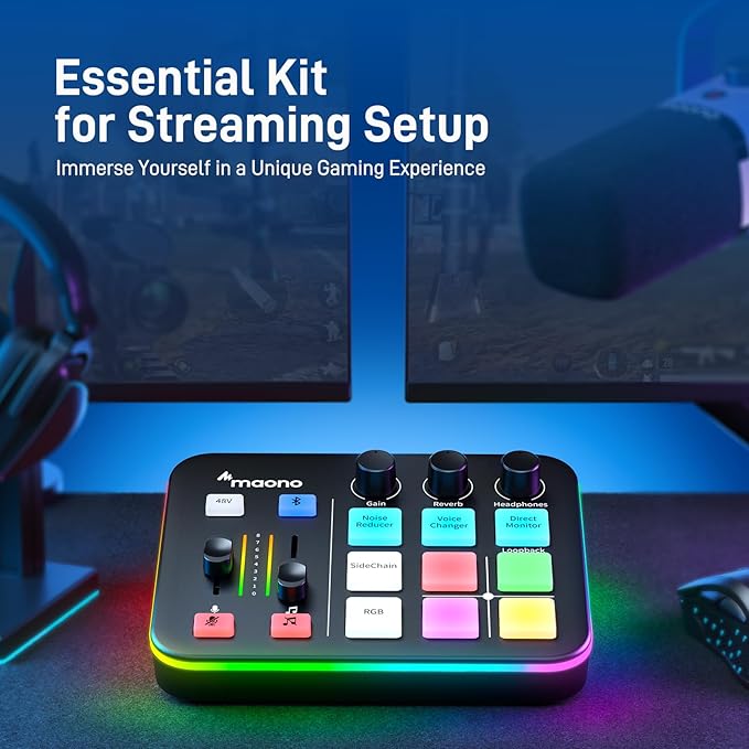 MAONO Gaming Audio Mixer &amp XLR Dynamic Microphone Audio Interface with Pro-preamp RGB Bluetooth 48V Phantom Power for Live Streaming Podcasting Content Create Gaming