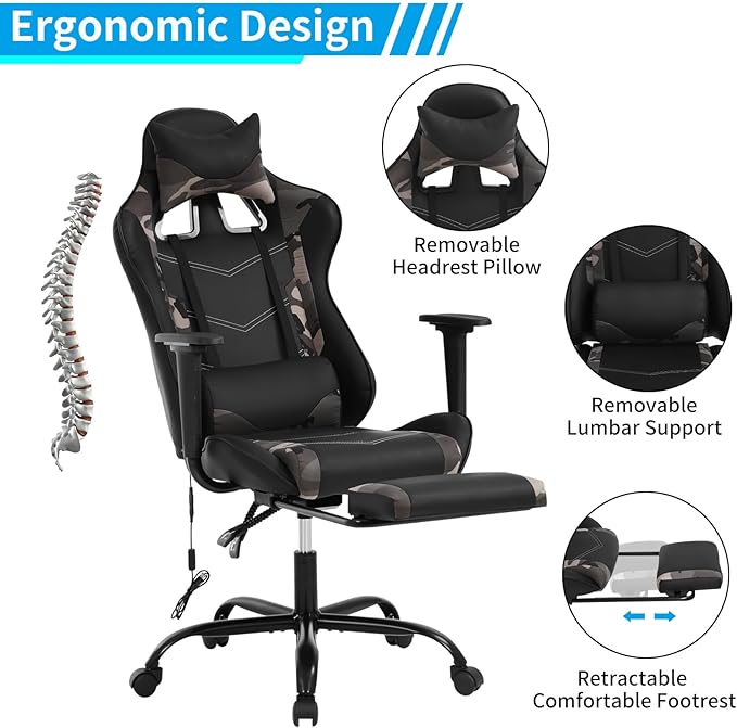 BLKMTY Massage Gaming Chair with Footrest Ergonomic Office Chair Racing Computer Chairs PU Leather with High Back Lumbar Support Headrest Reclining Chairs Camo