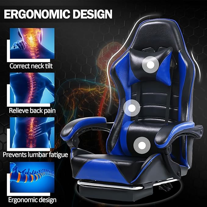 Gaming Chair - Premium Gaming Chairs for Adults Adjustable Video Game Chairs Comfy Gamer Chairs for Adults Uniquely Designed VTech Gaming Office Silla Gamer (Black+Blue)