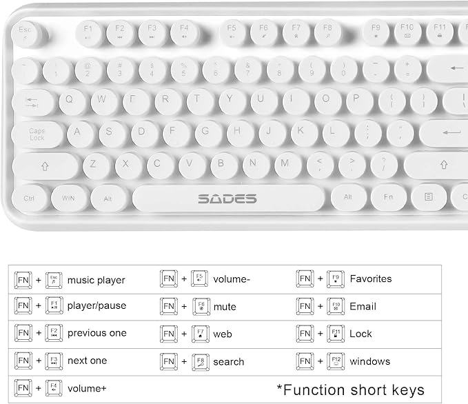 White Retro Typewriter Keyboard and Mouse Wireless Combo Cute Wireless Keyboard with Retro Round Keycaps2.4Ghz Full Szie Creamy Clicky &amp Satisfying Typing Keyboard&amp3 DPI Mouse for PC Laptop