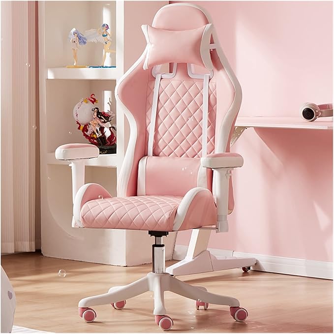 Adjustable Office Computer Chair with Armrest Chairs Pink Gaming Chair Girls Home Office Comfortable Game Swivel Gamer Computer(Pink and White)