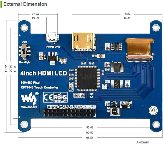 waveshare 4inch HDMI LCD Compatible with Raspberry Pi 5/4B/3B+/3B/Zero W/Zero 2W 480x800 Resolution IPS Display Resistive Touch Screen Support Windows 11/10 / 8.1/8 /7