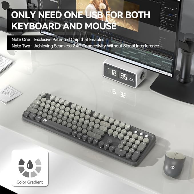 Wireless Keyboard and Mouse Combo 2.4 GHz Wireless Full-Sized Typewriter Keyboard with Round Keycaps for Windows Computer Desktop PC Laptop (Grey)