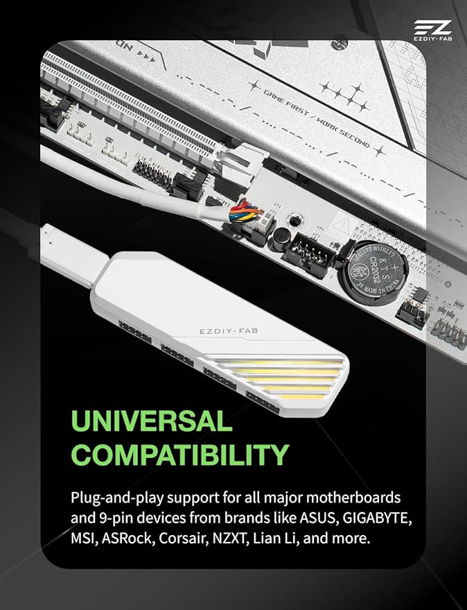 EZDIY-FAB MH01 Internal USB 2.0 9-Pin Hub4-Port USB Header Expansion SATA Powered USB Hub with Integrated Type-C Power &amp Data Connection Magnetic Mount Compact Design for AIO RGB Hub-White