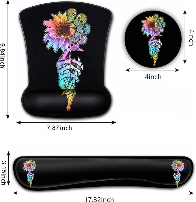 Ergonomic Mouse Pad and Keyboard Wrist Rest Set - Memory Foam Support Non-Slip PU Base Skulls &amp Sunflowers Black Gaming Design