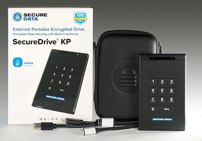 SecureData SecureDrive KP 500GB SSD Hardware Encrypted USB 3.0 External Drive FIPS 140-2 Level 3 Unlock via Keypad TAA Compliant CJIS HIPAA CMMC GDPR compliant works with Mac and Win free AV