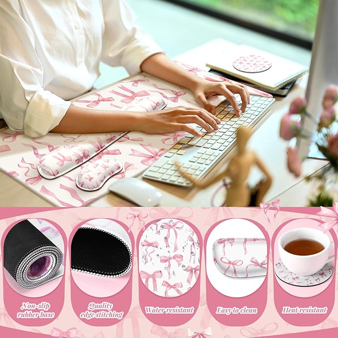 4 Pcs Pink Bow Keyboard Mat and Mouse Pad Set Coquette Desk Mat Bowknot Mouse Pad with Wrist Rest Cute Keyboard Wrist Rest Preppy Cup Coasters Pink Ergonomic Design for Office Table Computer